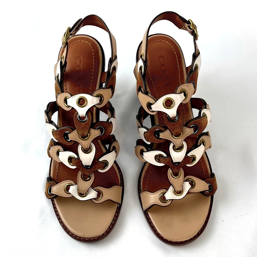 Coach Mid Heel Sandal Links Size 6.5 white Nude Brown Tones - Picture 14 of 15